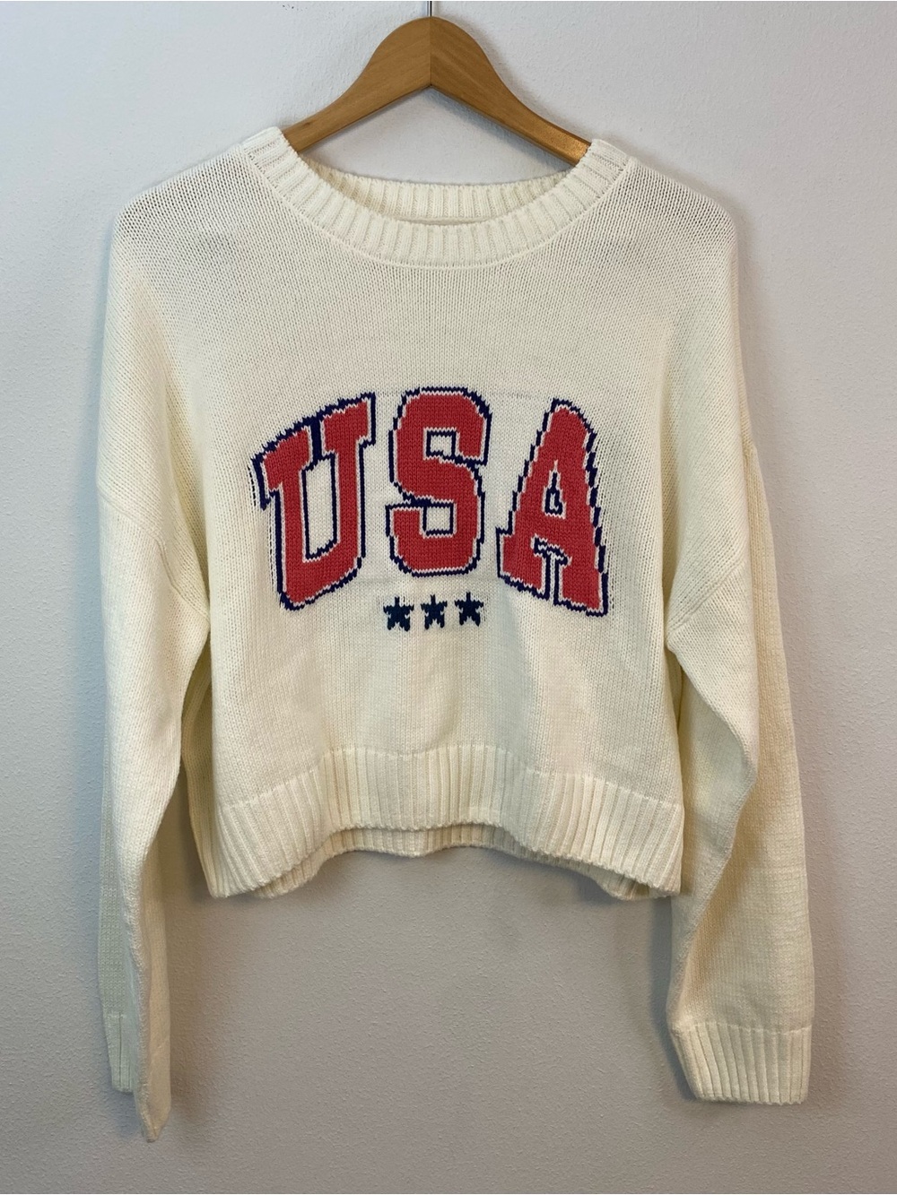 USA Knit Cropped Crewneck Sweater America Stars Stripes Womens‎ Large
